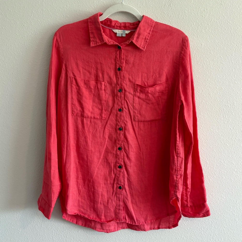 Boden 100% Linen Top Button-Down Shirt Collared Long-Sleeve Women’s 4 Coral